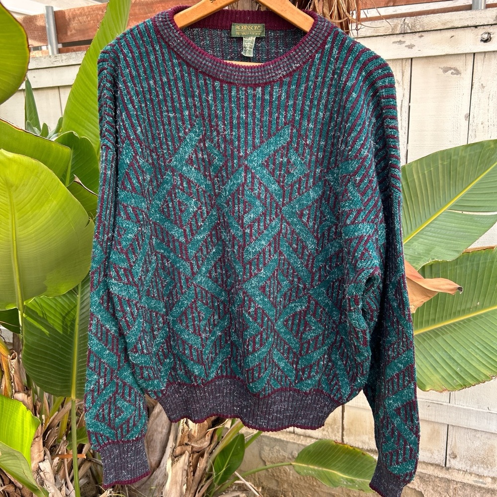 Vintage 80s Robinson’s Italy Wool Blend Geometric Knit Sweater L